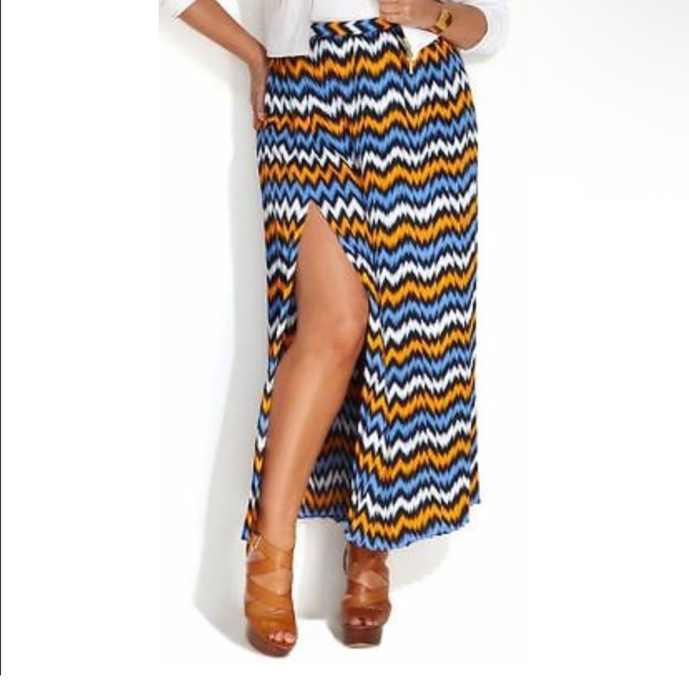 Michael Kors Blue Orange & White Zigzag Print Slit Maxi Skirts Size XS